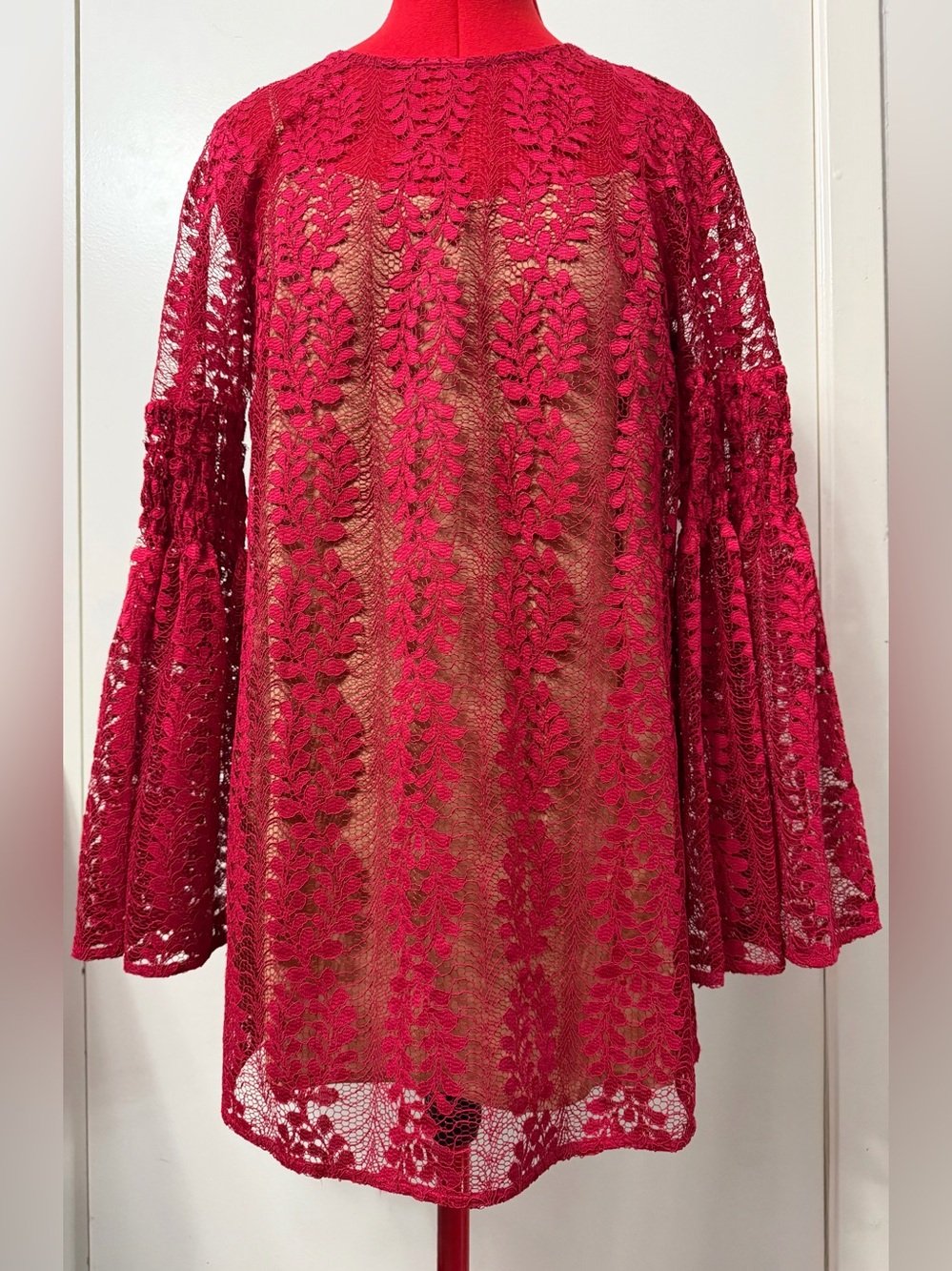Michael Kors Red Lace Bell-Sleeve Tunic Dress